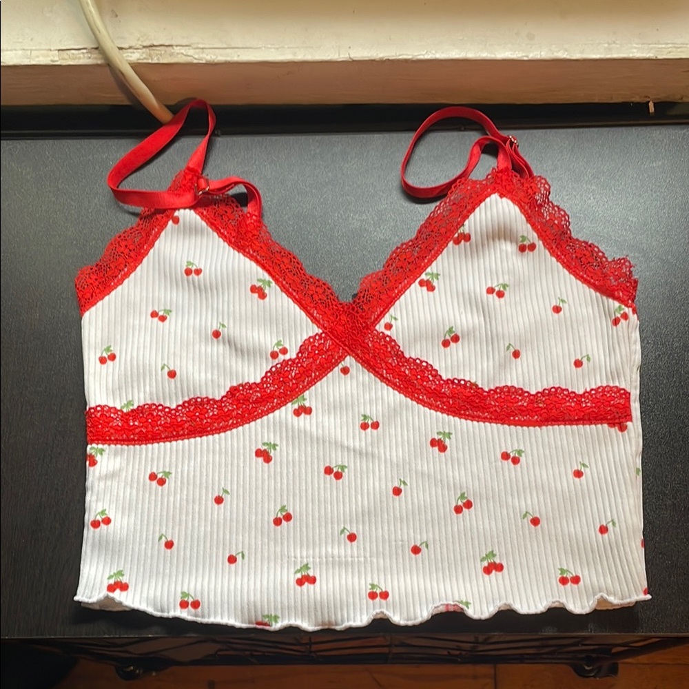 H&M Red Lace Trim Cherry Top